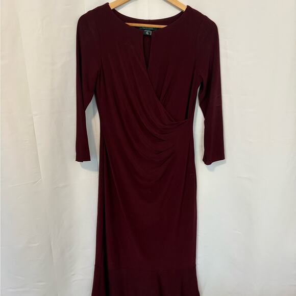 Lauren Ralph Lauren Burgundy Ruched Sheath Dress Size 4 - Picture 10 of 10
